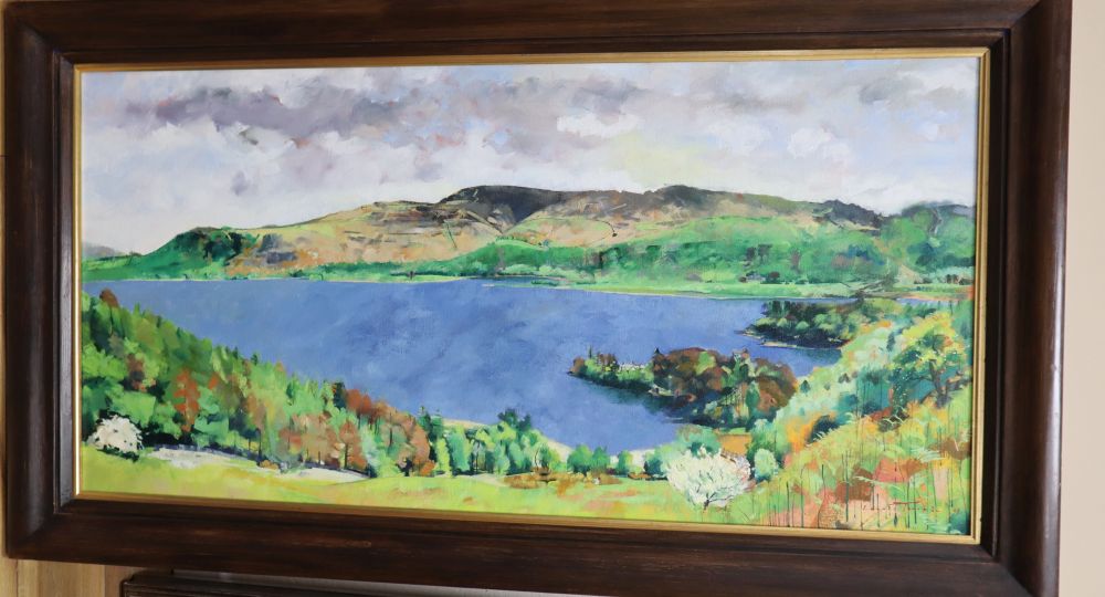 Louise Turpin (b.1947), oil on canvas, Derwent Water, signed and dated 98, 54 x 110cm